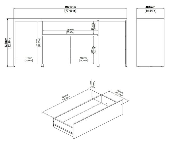 Credenza rovere e bianco lucida 197x48x83h cm 4 ante e 1 cassetto - Basile
