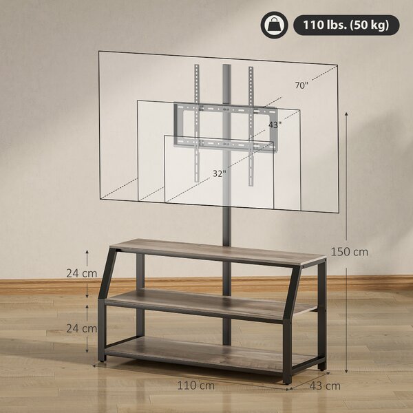 HOMCOM Mobile TV con staffa per TV fino a 183 cm, mobile TV con 2 ripiani aperti, 110x43x150cm, grigio | Aosom Italy