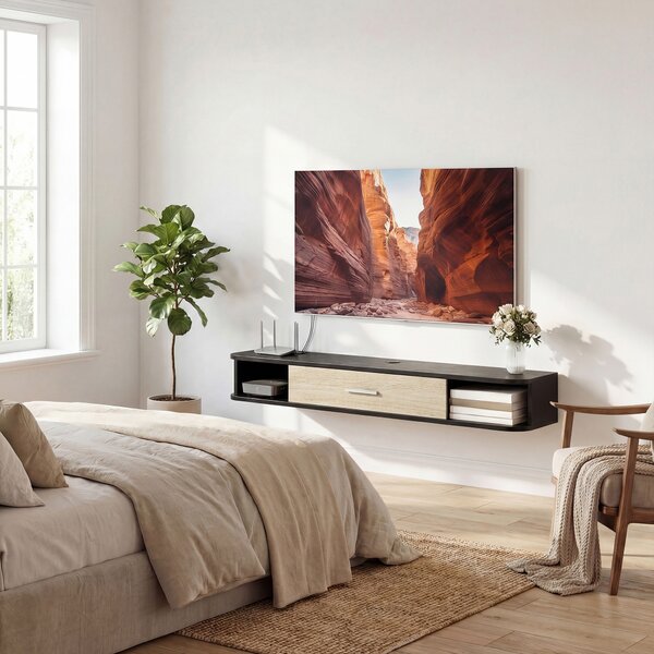 HOMCOM Mobile per TV Sospeso con Sportello Ribaltabile, 2 Ripiani Aperti e Passacavi, 120x26x16cm, Nero | Aosom Italy