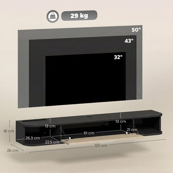HOMCOM Mobile per TV Sospeso con Sportello Ribaltabile, 2 Ripiani Aperti e Passacavi, 120x26x16cm, Nero | Aosom Italy
