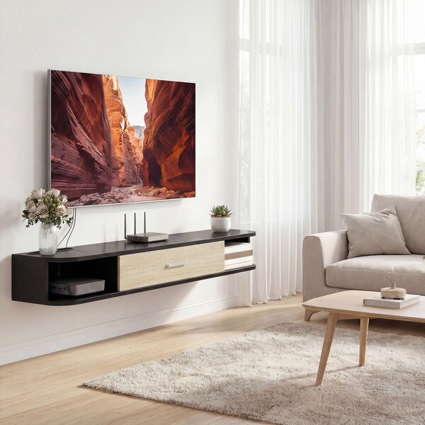 HOMCOM Mobile per TV Sospeso con Sportello Ribaltabile, 2 Ripiani Aperti e Passacavi, 120x26x16cm, Nero | Aosom Italy