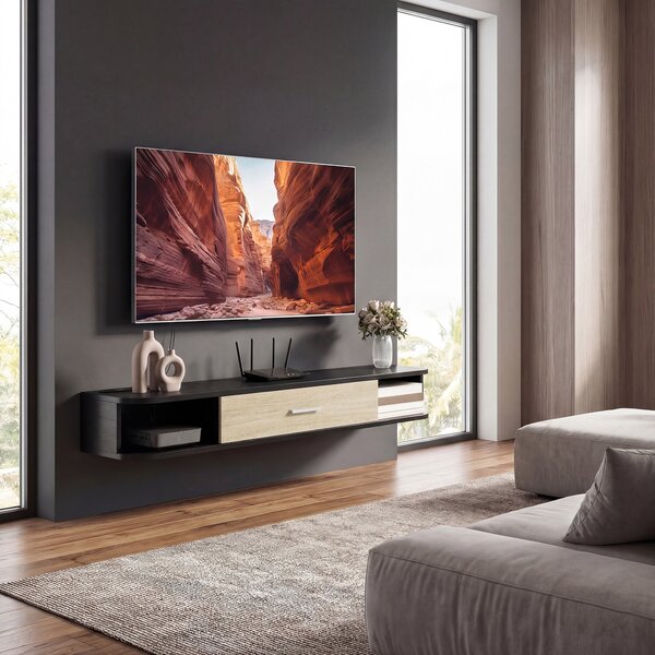 HOMCOM Mobile per TV Sospeso con Sportello Ribaltabile, 2 Ripiani Aperti e Passacavi, 120x26x16cm, Nero | Aosom Italy
