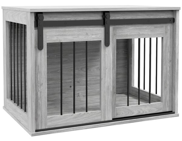 PawHut Gabbia cassone per cane animali interno con porta scorrevole, in metallo effetto legno, 57x80x54 cm, Grigio | Aosom Italy