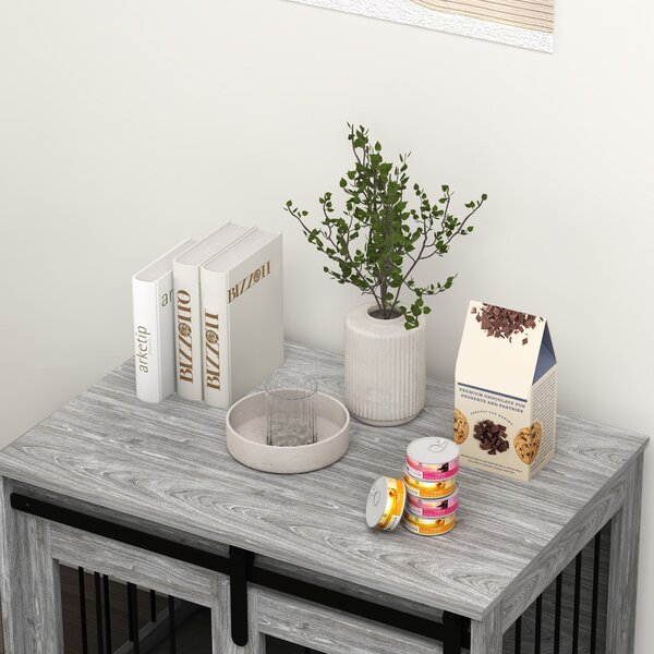 PawHut Gabbia cassone per cane animali interno con porta scorrevole, in metallo effetto legno, 57x80x54 cm, Grigio | Aosom Italy