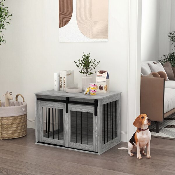 PawHut Gabbia cassone per cane animali interno con porta scorrevole, in metallo effetto legno, 57x80x54 cm, Grigio | Aosom Italy