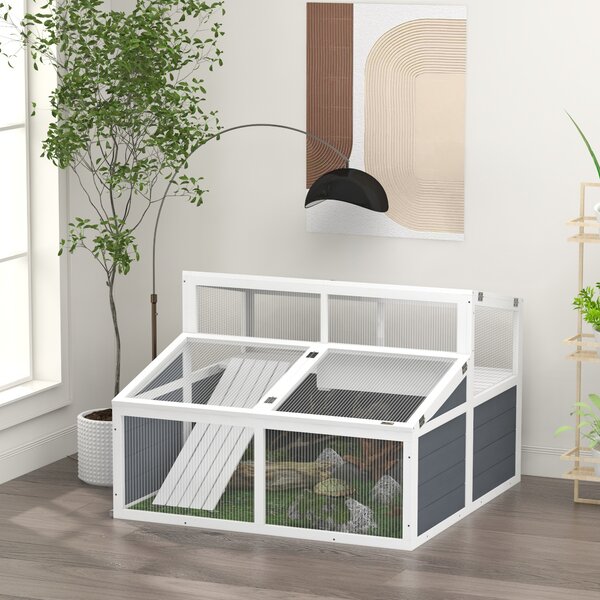PawHut Casa/recinto per tartarughe con 2 spazi, 3 porte e rampa, tetto in policarbonato, 115x115x82 cm, grigio | Aosom Italy