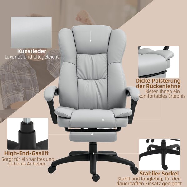 Vinsetto Sedia girevole regolabile con poggiapiedi, poggiatesta e funzione massaggio, 68,5x68,5x113-121 cm, Grigio chiaro | Aosom Italy