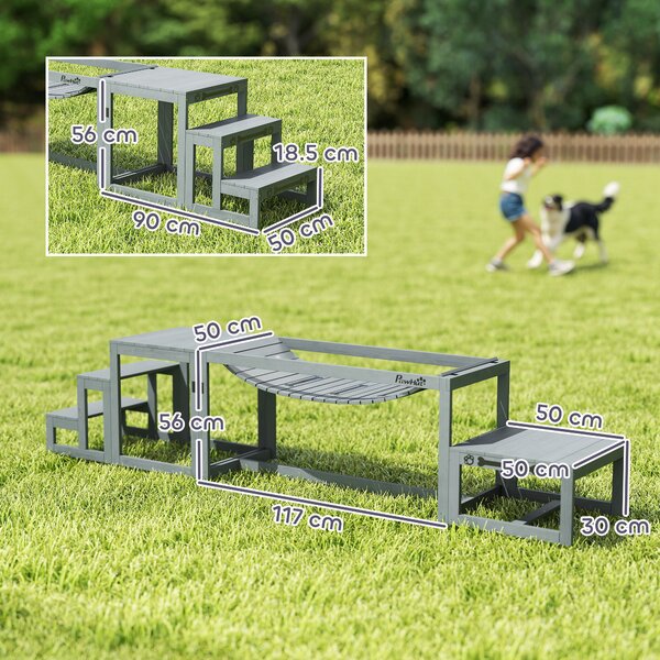 PawHut Set Agility per cani 3 pezzi Attrezzatura Agility con ponte, scala, piattaforma, legno di abete, 117 x 50 x 56 cm, Grigio | Aosom Italy