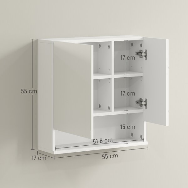 Kleankin Armadio a parete con specchio per bagno mobiletto contenitore 2 ante, 55x17x55 cm, bianco | Aosom Italy