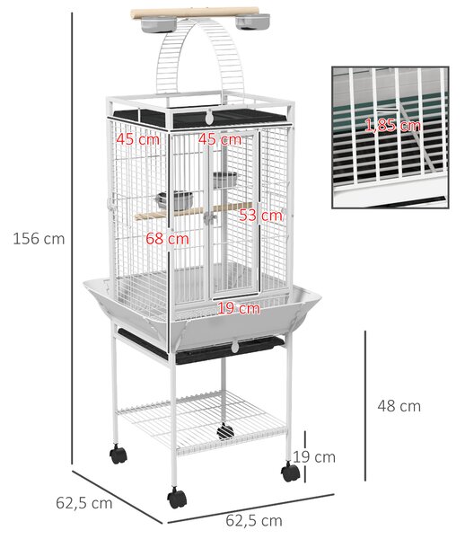 PawHut Gabbia per uccelli, gabbia per pappagalli con 3 porte, 2 posatoi, ruote 360°, ciotole, ripiano, posatoio, 62,5x62,5x156cm, Bianco | Aosom Italy