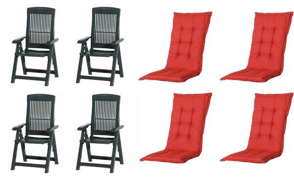 Set di 4 sedie pieghevoli Progarden Tampa con cuscino, verde / rosso