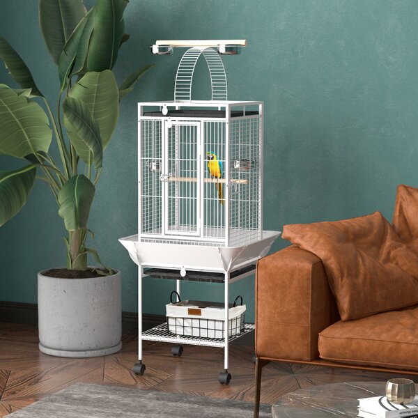 PawHut Gabbia per uccelli, gabbia per pappagalli con 3 porte, 2 posatoi, ruote 360°, ciotole, ripiano, posatoio, 62,5x62,5x156cm, Bianco | Aosom Italy