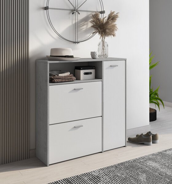 Mobile da Ingresso Grigio Cemento Bianco 04-mag Paia 3 Ripiani 91.5x26.6x94h cm, 3 Ante - Scultore