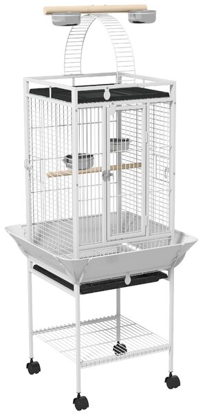 PawHut Gabbia per uccelli, gabbia per pappagalli con 3 porte, 2 posatoi, ruote 360°, ciotole, ripiano, posatoio, 62,5x62,5x156cm, Bianco | Aosom Italy