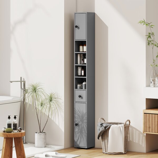 Kleankin Mobile bagno a 4 ripiani con cassetto, pannello truciolare e design snello, 20x20x180 cm, Grigio | Aosom Italy