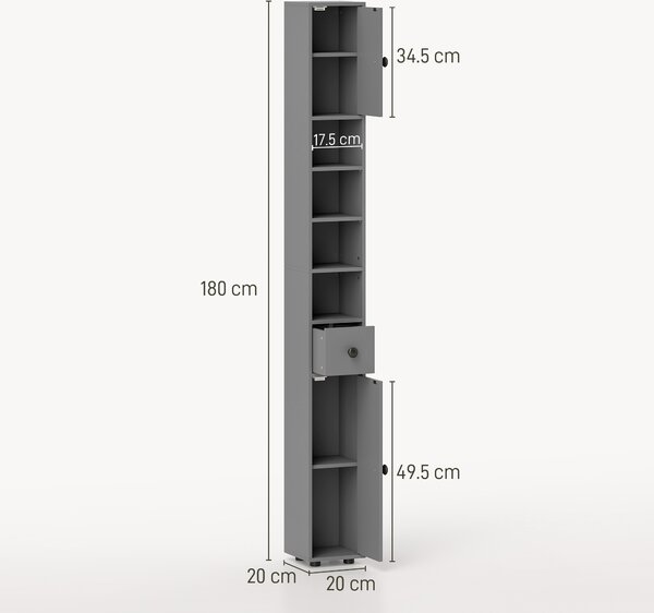 Kleankin Mobile bagno a 4 ripiani con cassetto, pannello truciolare e design snello, 20x20x180 cm, Grigio | Aosom Italy