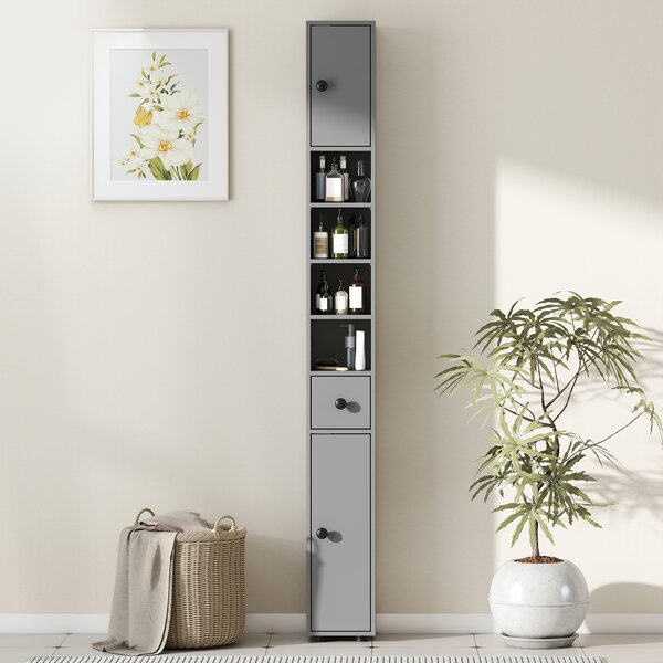 Kleankin Mobile bagno a 4 ripiani con cassetto, pannello truciolare e design snello, 20x20x180 cm, Grigio | Aosom Italy