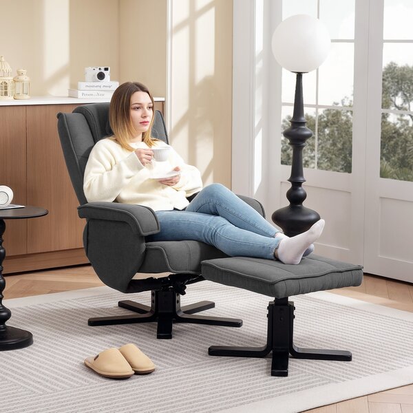 HOMCOM Poltrona relax basculante con poggiapiedi, rivestimento in tessuto effetto velluto, poltrona imbottita girevole, struttura in legno, grigio | Aosom Italy