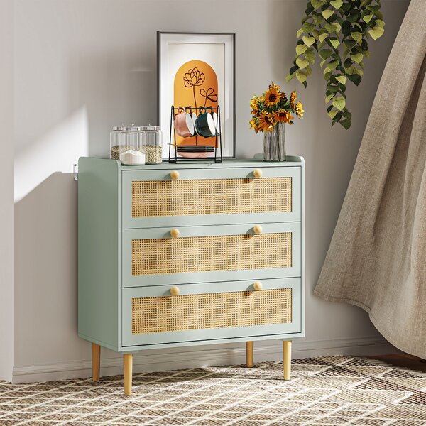 HOMCOM Cassettiera per camera da letto con 3 cassetti, frontali in rattan, cassettiera per corridoio e ingresso, MDF, Verde | Aosom Italy