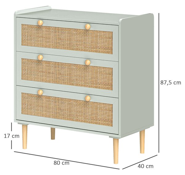 HOMCOM Cassettiera per camera da letto con 3 cassetti, frontali in rattan, cassettiera per corridoio e ingresso, MDF, Verde | Aosom Italy