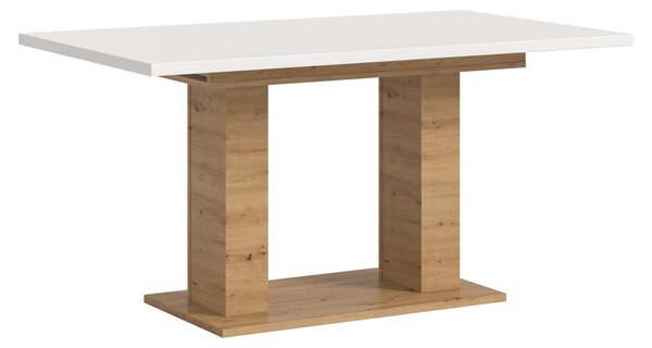 Tavolo da pranzo Motion con base a doppia colonna 90x150/190 cm, incl. 1 piano di inserimento bianco, decoro rovere