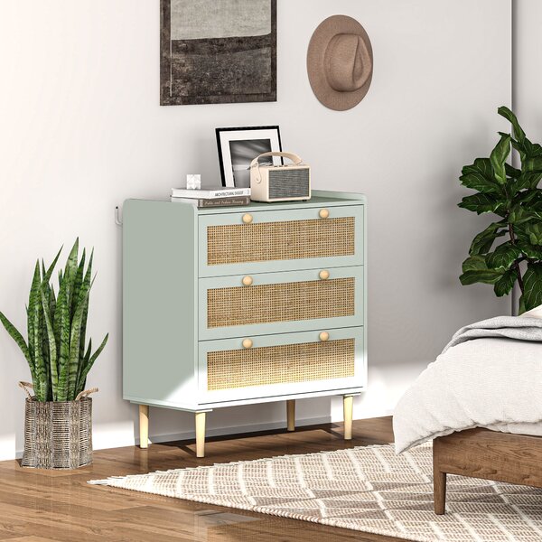 HOMCOM Cassettiera per camera da letto con 3 cassetti, frontali in rattan, cassettiera per corridoio e ingresso, MDF, Verde | Aosom Italy