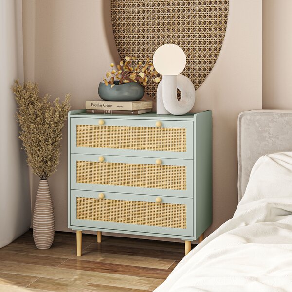 HOMCOM Cassettiera per camera da letto con 3 cassetti, frontali in rattan, cassettiera per corridoio e ingresso, MDF, Verde | Aosom Italy