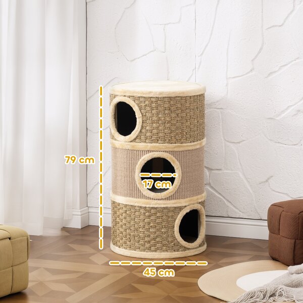 PawHut Tiragraffi a barile, barile a 3 piani per gatti con corda in sisal, 45x45x79 cm, Khaki e Marrone | Aosom Italy
