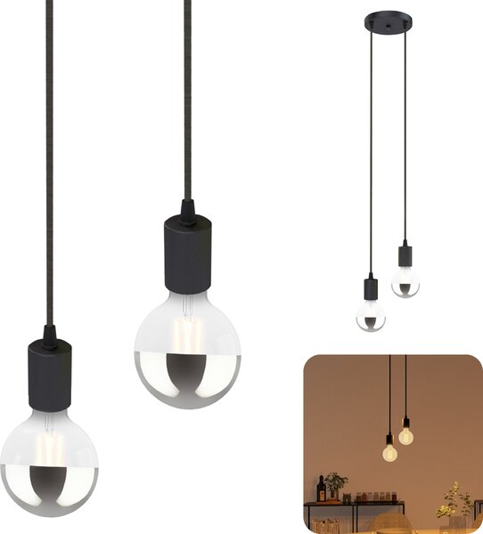SSC-LUXon PARU lampada a sospensione vintage a 2 luci nera - lampada a sospensione di design con cavi tessili incl. 2x lampade LED E27 a specchio