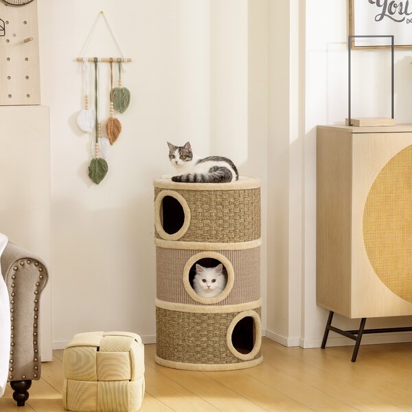 PawHut Tiragraffi a barile, barile a 3 piani per gatti con corda in sisal, 45x45x79 cm, Khaki e Marrone | Aosom Italy