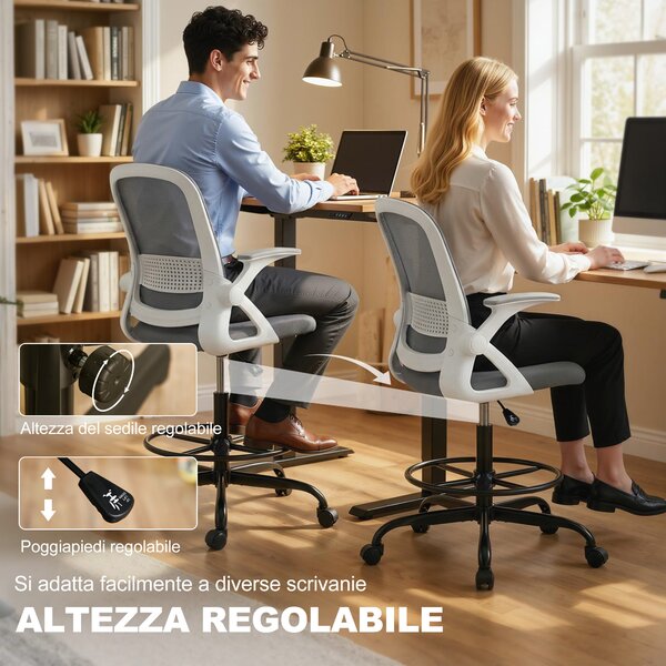 HOMCOM Sedia da Scrivania in Rete Sedia da Disegno con Braccioli Ribaltabili Altezza Regolabile Poggiapiedi Grigio | Aosom Italy
