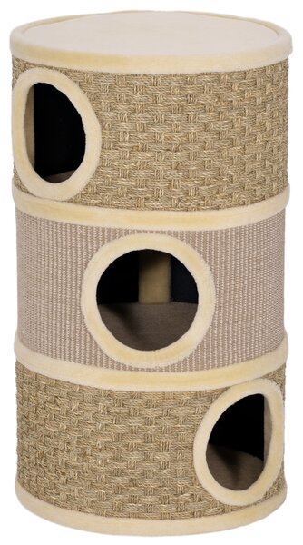 PawHut Tiragraffi a barile, barile a 3 piani per gatti con corda in sisal, 45x45x79 cm, Khaki e Marrone | Aosom Italy