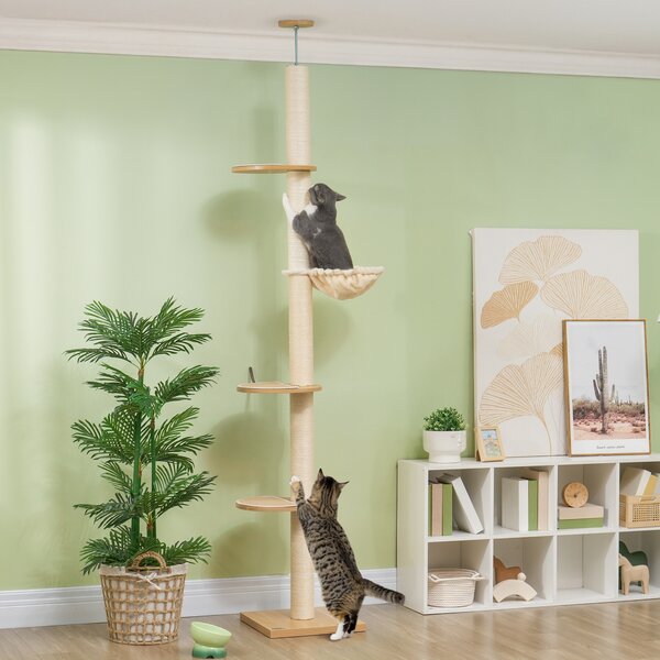 PawHut Tiragraffi a soffitto con protezione anti-ribaltamento, palo in corda di sisal e pannello truciolare, 40x40x250 cm, Crema e bianco | Aosom Italy