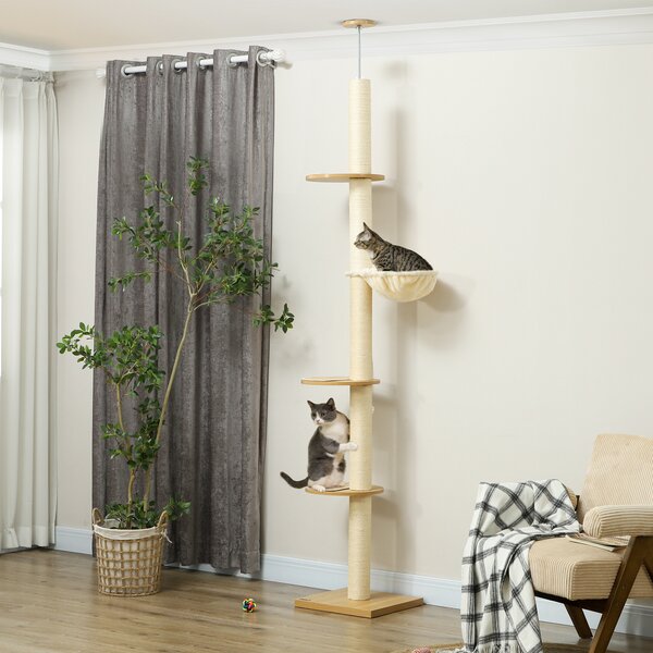 PawHut Tiragraffi a soffitto con protezione anti-ribaltamento, palo in corda di sisal e pannello truciolare, 40x40x250 cm, Crema e bianco | Aosom Italy