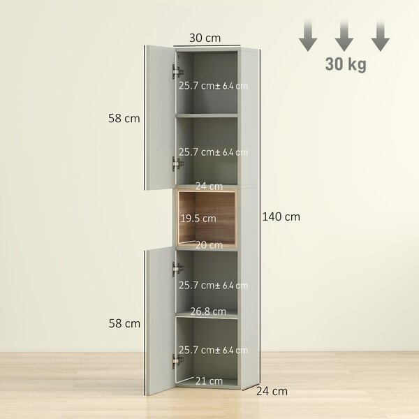 HOMCOM Armadio Alto per Bagno Colonna Stretta con Ripiano Aperto e Ripiani Regolabili 2 Porte Scanalate 30x24x140 cm Verde | Aosom Italy