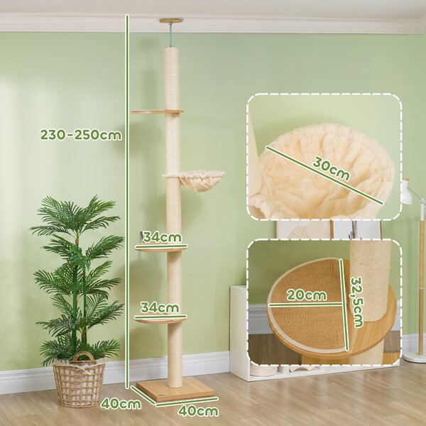 PawHut Tiragraffi a soffitto con protezione anti-ribaltamento, palo in corda di sisal e pannello truciolare, 40x40x250 cm, Crema e bianco | Aosom Italy
