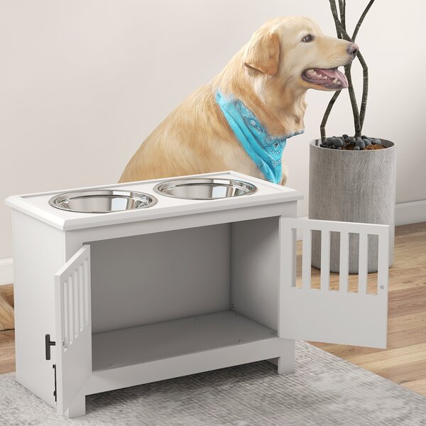 PawHut Stazione di alimentazione rialzata per cani grandi, 2 ciotole in acciaio inox, spazio di stoccaggio, 35,5x60x30 cm, Bianco | Aosom Italy