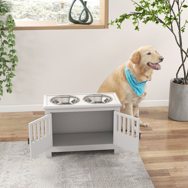 PawHut Stazione di alimentazione rialzata per cani grandi, 2 ciotole in acciaio inox, spazio di stoccaggio, 35,5x60x30 cm, Bianco | Aosom Italy