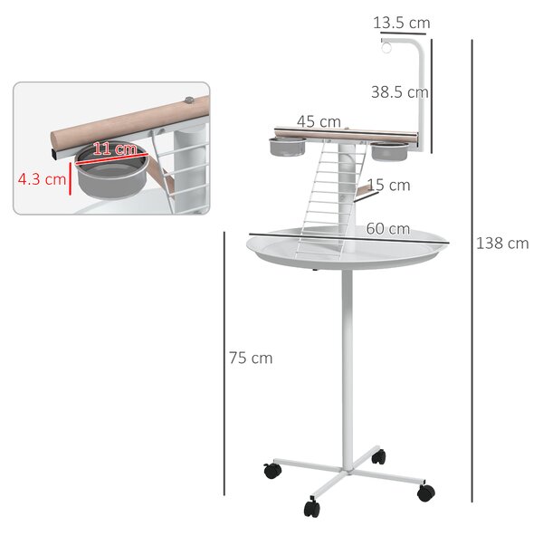 PawHut Posatoio libero per pappagalli con posatoio e 1 scala, 1 altalena e ciotole, 60x60x138 cm, Bianco e Naturale | Aosom Italy