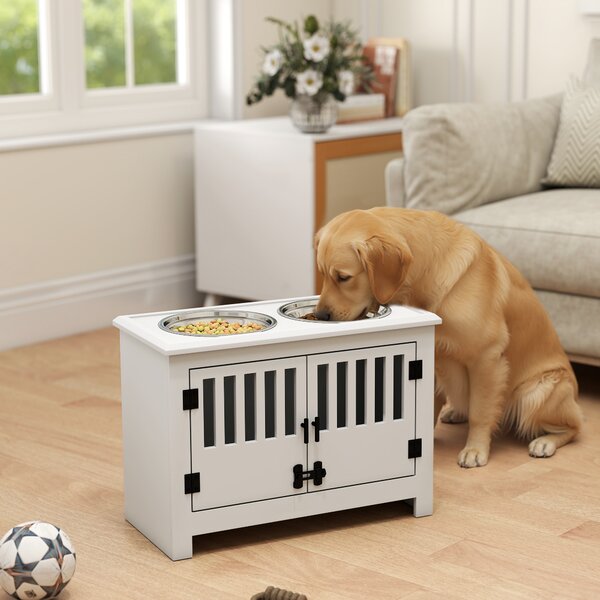 PawHut Stazione di alimentazione rialzata per cani grandi, 2 ciotole in acciaio inox, spazio di stoccaggio, 35,5x60x30 cm, Bianco | Aosom Italy