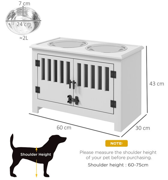 PawHut Stazione di alimentazione rialzata per cani grandi, 2 ciotole in acciaio inox, spazio di stoccaggio, 35,5x60x30 cm, Bianco | Aosom Italy