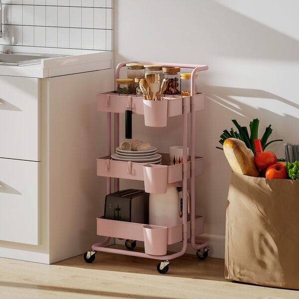 HOMCOM Carrello Ausiliario con Ruote Carro di Stoccaggio Multifunzionale con Ganci e Ceste Sospese 42x38x86,5 cm Rosa | Aosom Italy