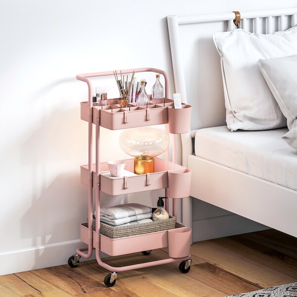 HOMCOM Carrello Ausiliario con Ruote Carro di Stoccaggio Multifunzionale con Ganci e Ceste Sospese 42x38x86,5 cm Rosa | Aosom Italy