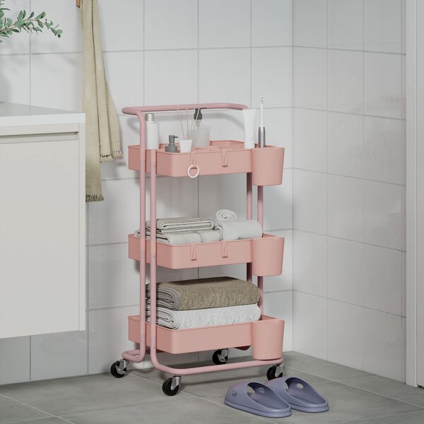 HOMCOM Carrello Ausiliario con Ruote Carro di Stoccaggio Multifunzionale con Ganci e Ceste Sospese 42x38x86,5 cm Rosa | Aosom Italy