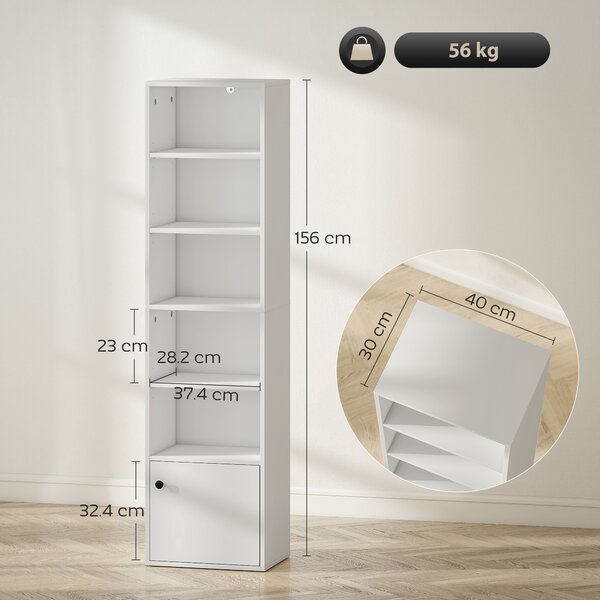 HOMCOM Libreria a 5 livelli con ripiani aperti e anta 40x30x156 cm Bianco | Aosom Italy