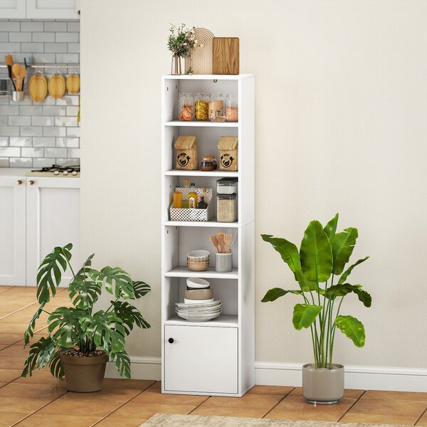 HOMCOM Libreria a 5 livelli con ripiani aperti e anta 40x30x156 cm Bianco | Aosom Italy