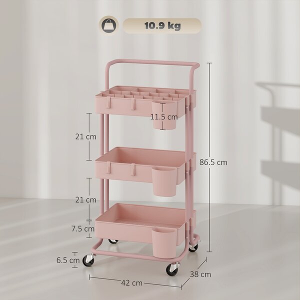HOMCOM Carrello Ausiliario con Ruote Carro di Stoccaggio Multifunzionale con Ganci e Ceste Sospese 42x38x86,5 cm Rosa | Aosom Italy