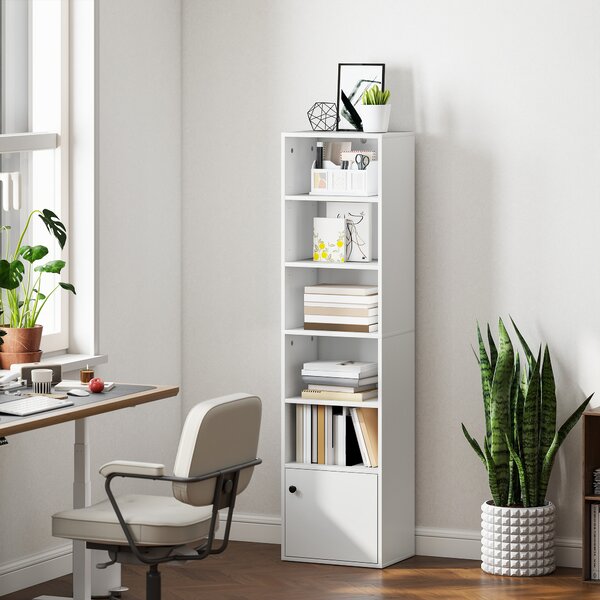 HOMCOM Libreria a 5 livelli con ripiani aperti e anta 40x30x156 cm Bianco | Aosom Italy