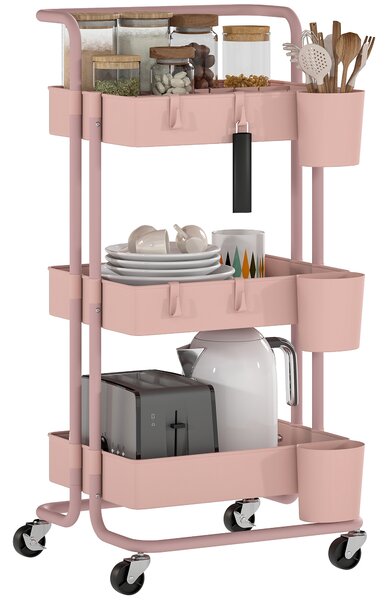 HOMCOM Carrello Ausiliario con Ruote Carro di Stoccaggio Multifunzionale con Ganci e Ceste Sospese 42x38x86,5 cm Rosa | Aosom Italy