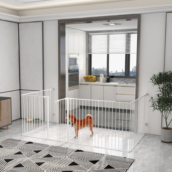 PawHut Recinto 2-in-1 per cuccioli e barriera, 8 pannelli, porta bloccabile, acciaio, altezza 90 cm, bianco | Aosom Italy